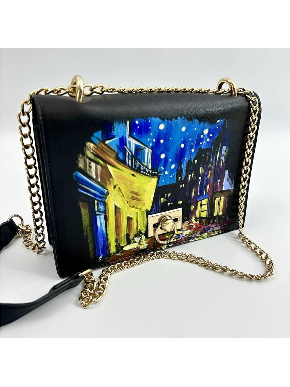 Van Gogh Inspired Hand Painted Crossbody Bag Black Gold Chain